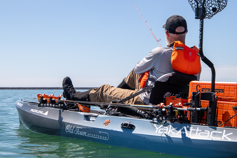 sidestage rod rack from yakattack shown on an old town PDL sportsman kayak