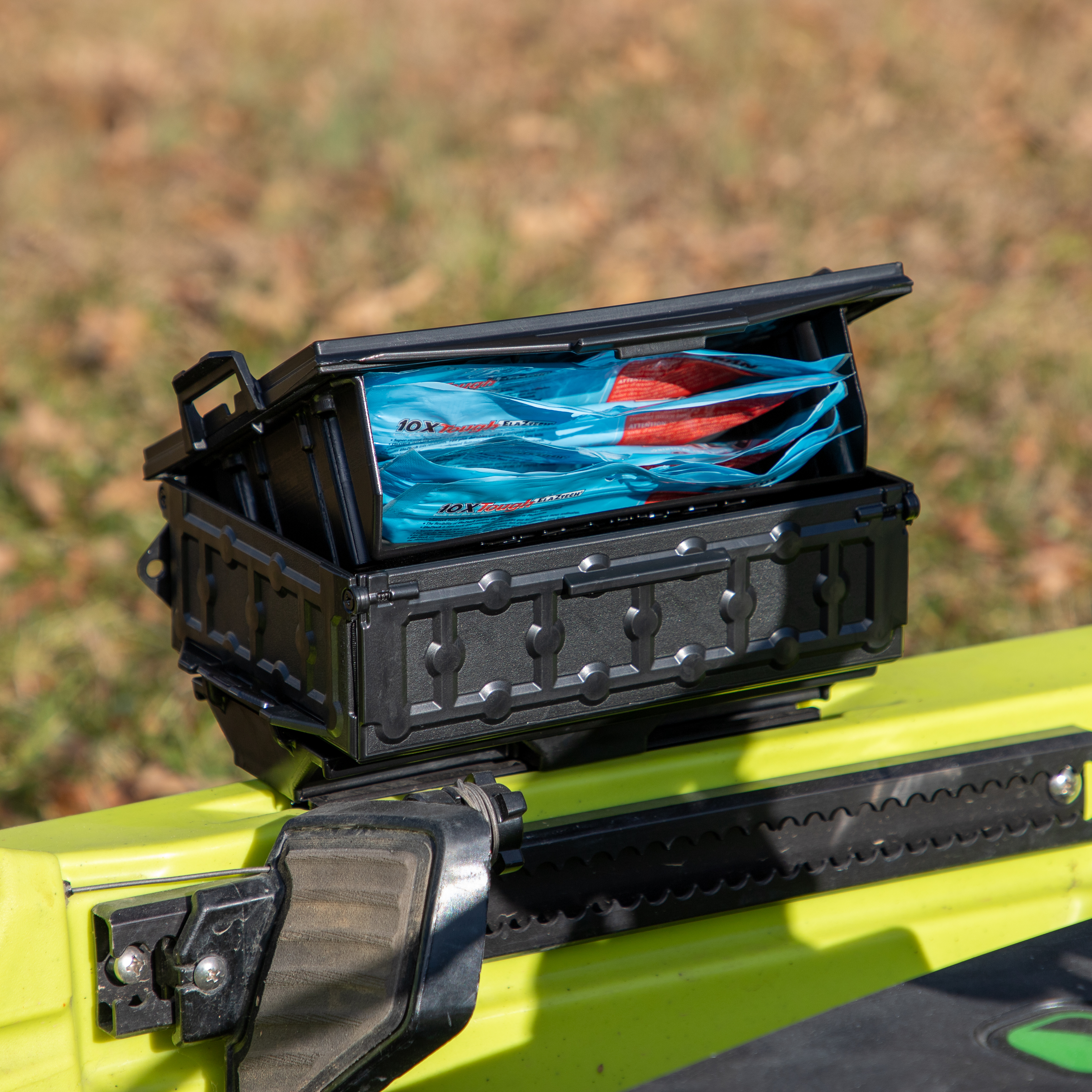 YakAttack pop-up tackle box mounted on a fishing kayak