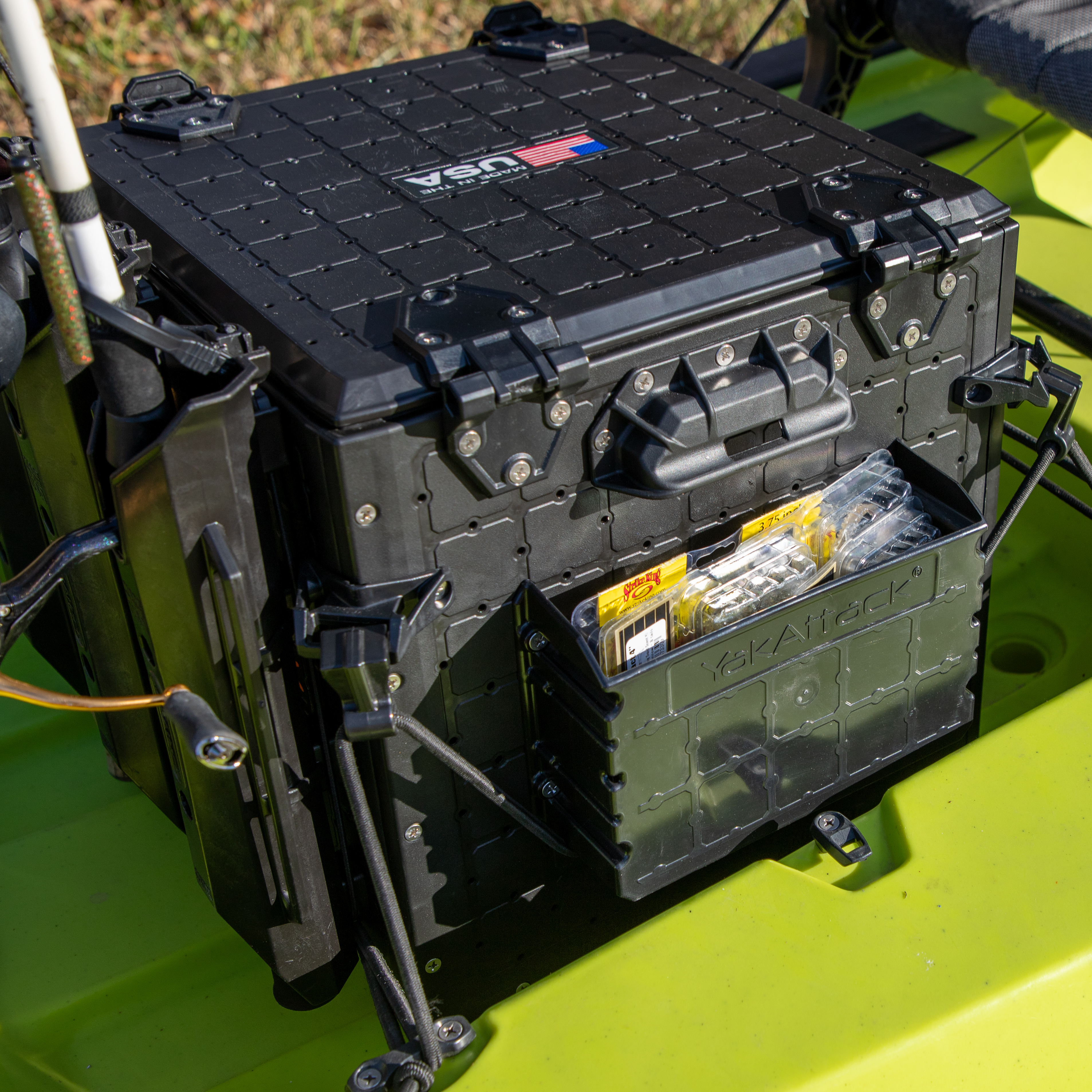 GridLoc PicPocket used on the yakattack kayak fishing crate the BlackPak Pro as an external storage pocket