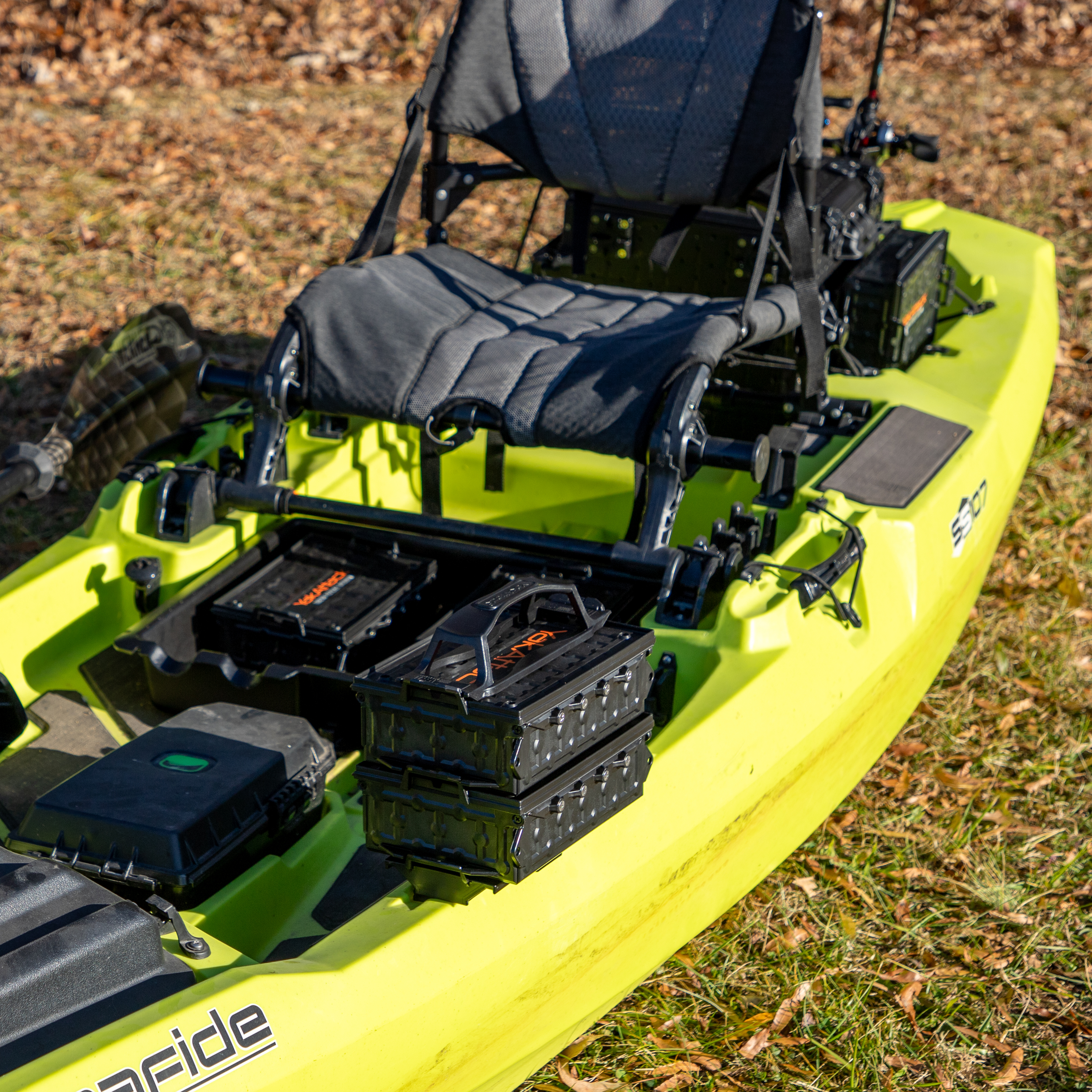 TracPak storage system shown on a bonafide kayak fishing kayak