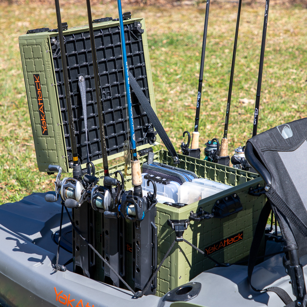 YakAttack ShortStak Kayak fishing crate update kit with 16x16 blackpak pro in olive green