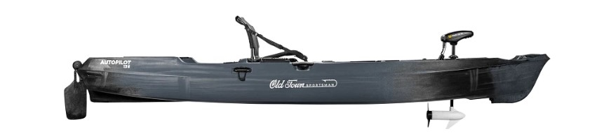 Old town sportsman autopilot 136 with matching yakattack blackpak kayak fishing crate Steel Blue