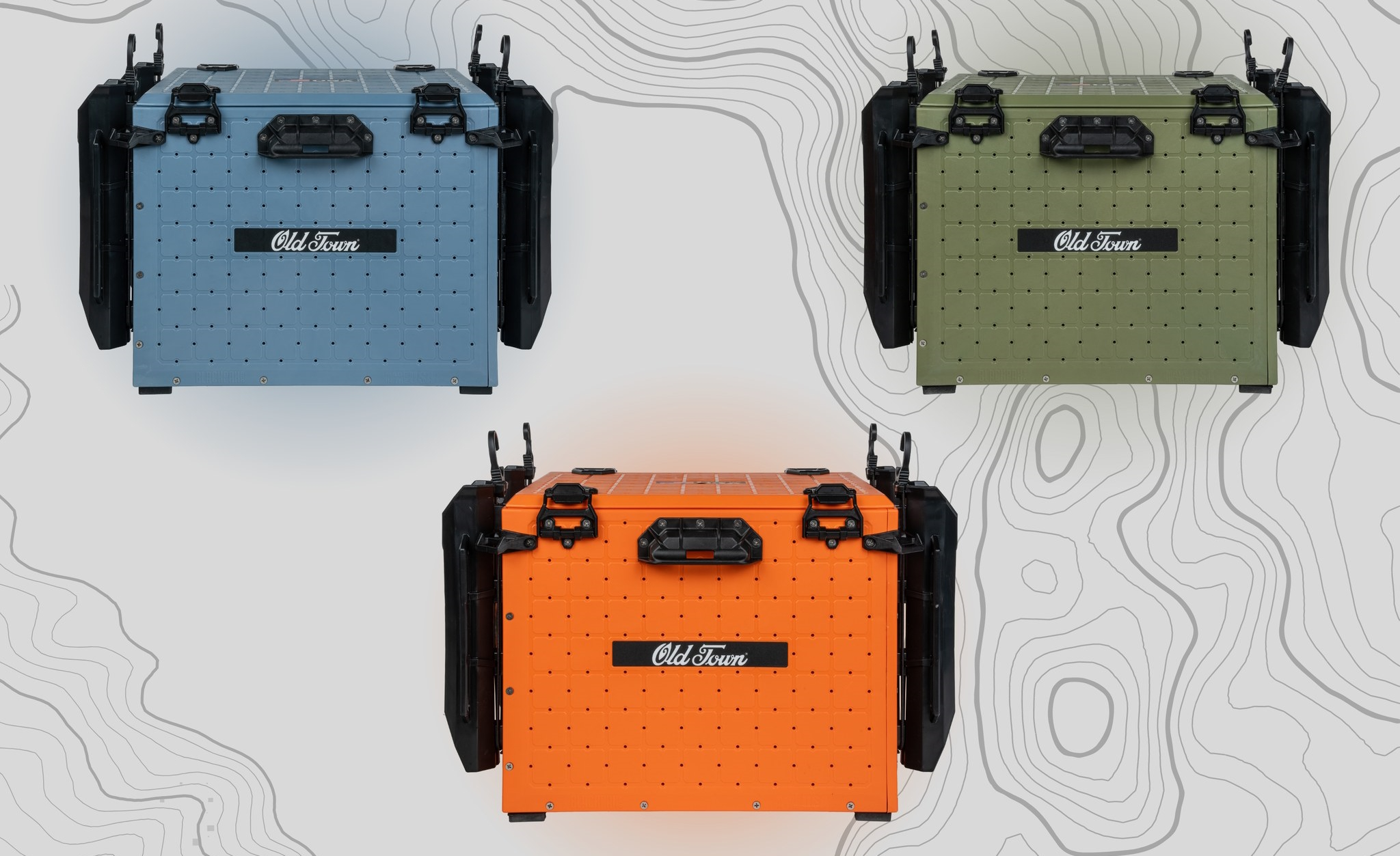 Old Town YakAttack BlackPak Collab - Color Matching Kayak Fishing Crates Ember, Steel Blue, and Marsh