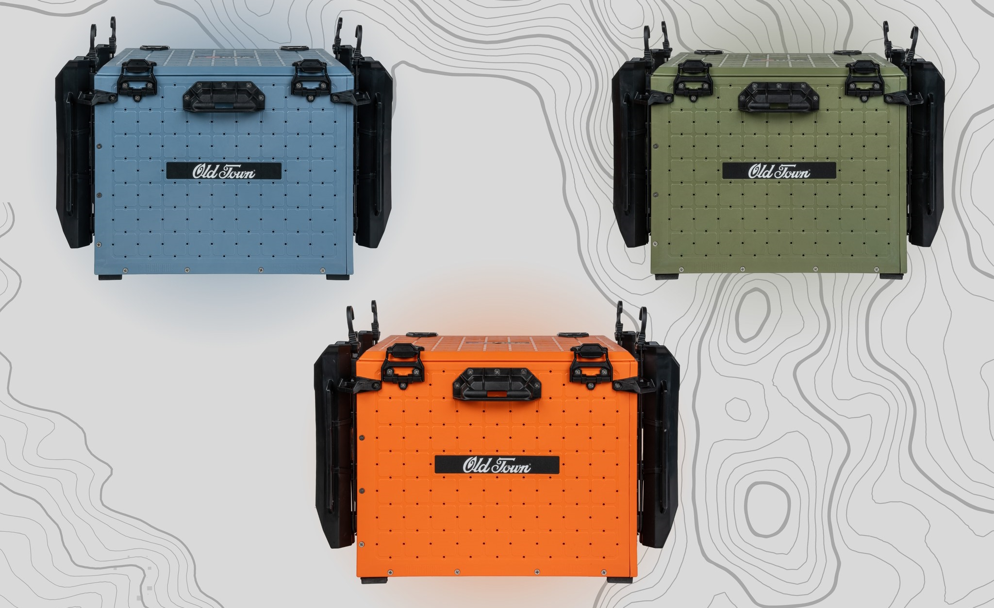 Old Town YakAttack BlackPak Collab - Color Matching Kayak Fishing Crates Ember, Steel Blue, and Marsh