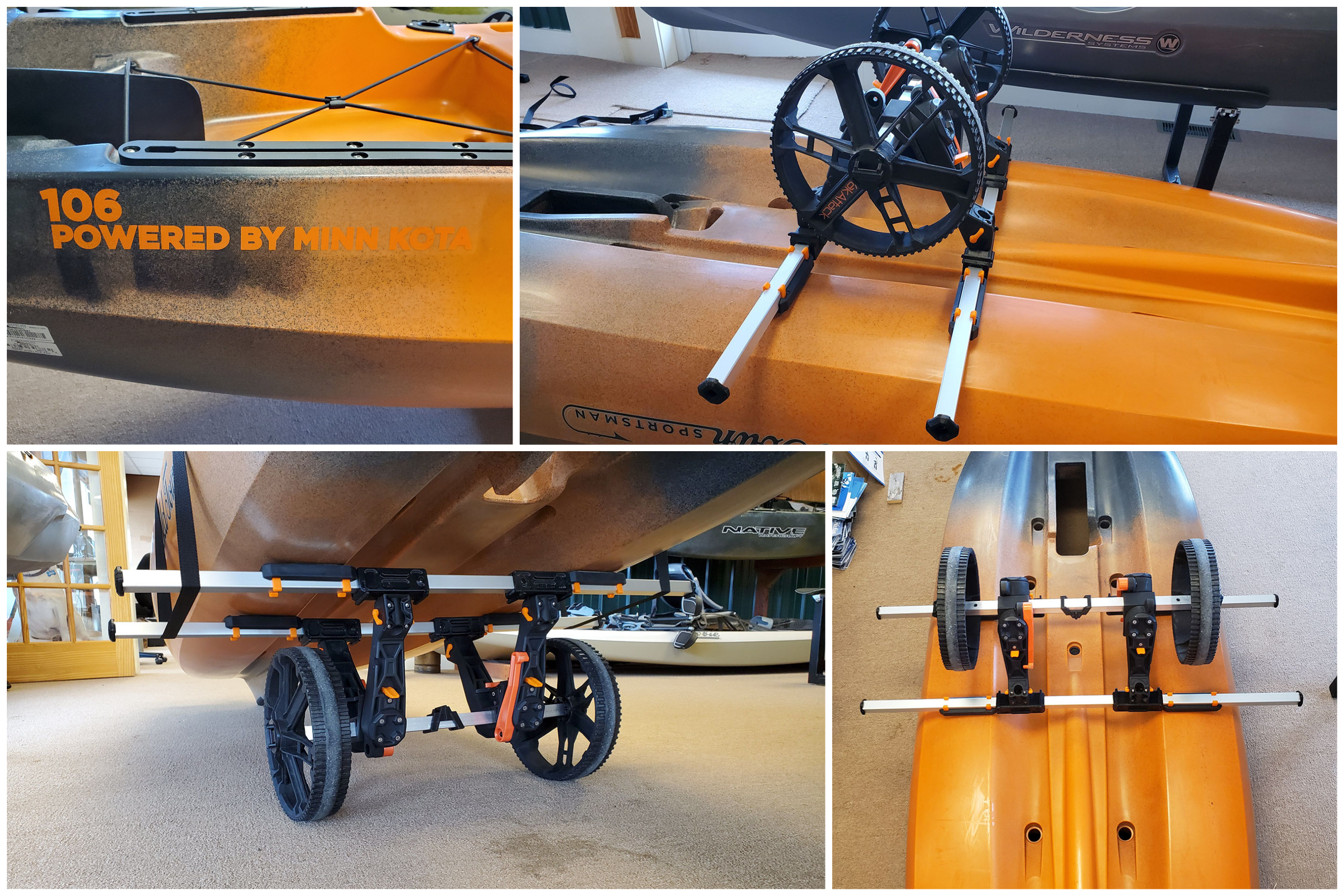 Old Town Sportsman 106 Powered by Minn Kota with YakAttack TowNStow BarCart Kayak Cart