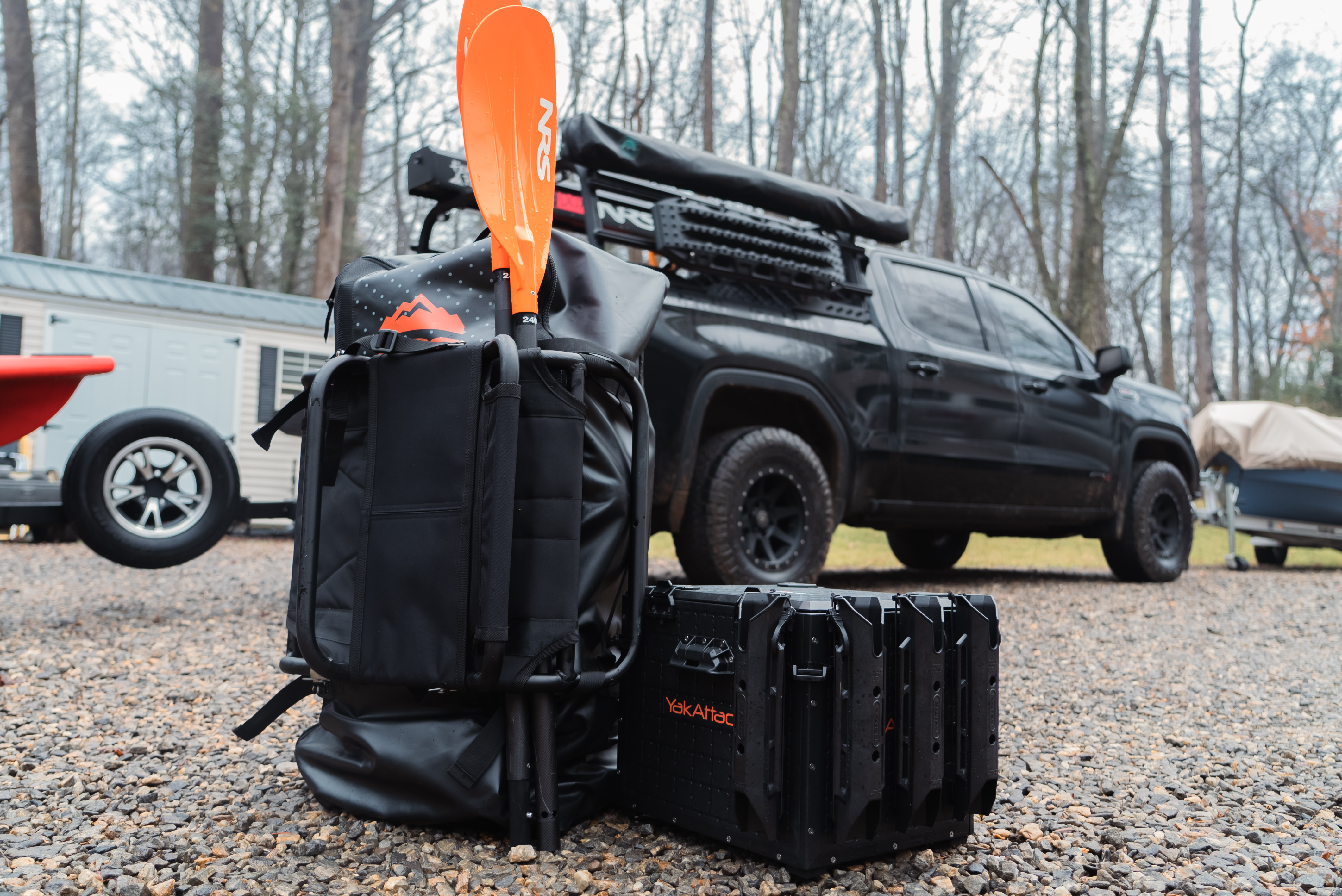 Inflatable Kayaks shown in the included carry bag with YakAttack BlackPak Pro
