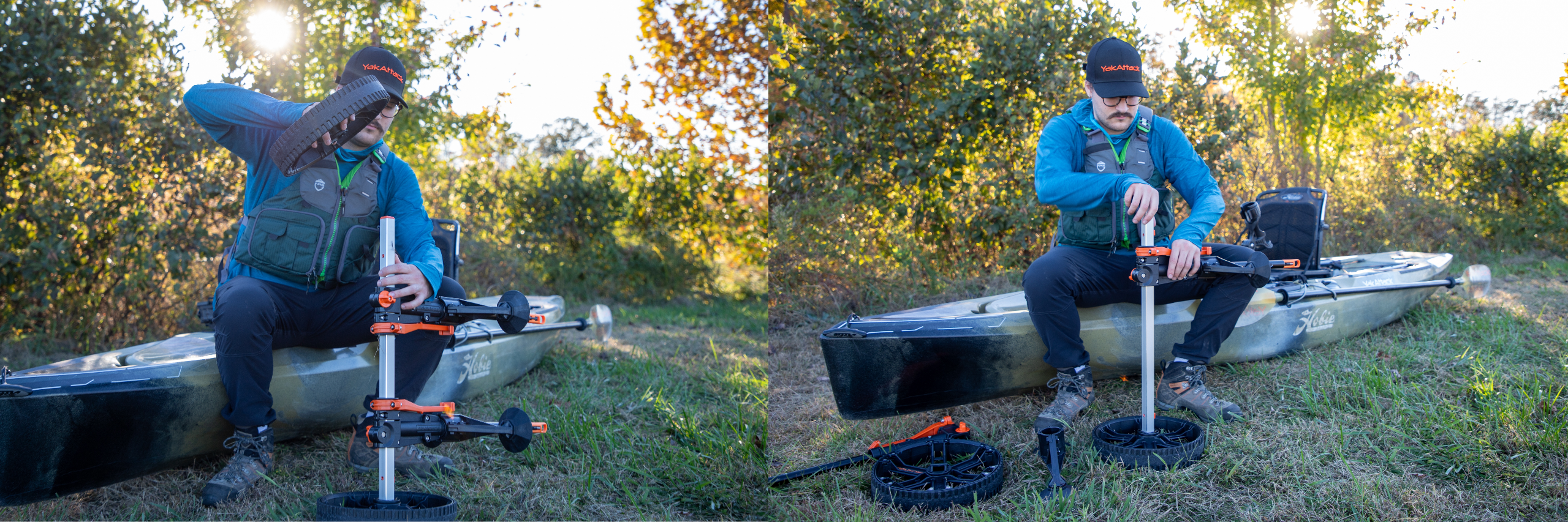 Quick disconnect components on the yakattack scupper cart for hobie kayaks