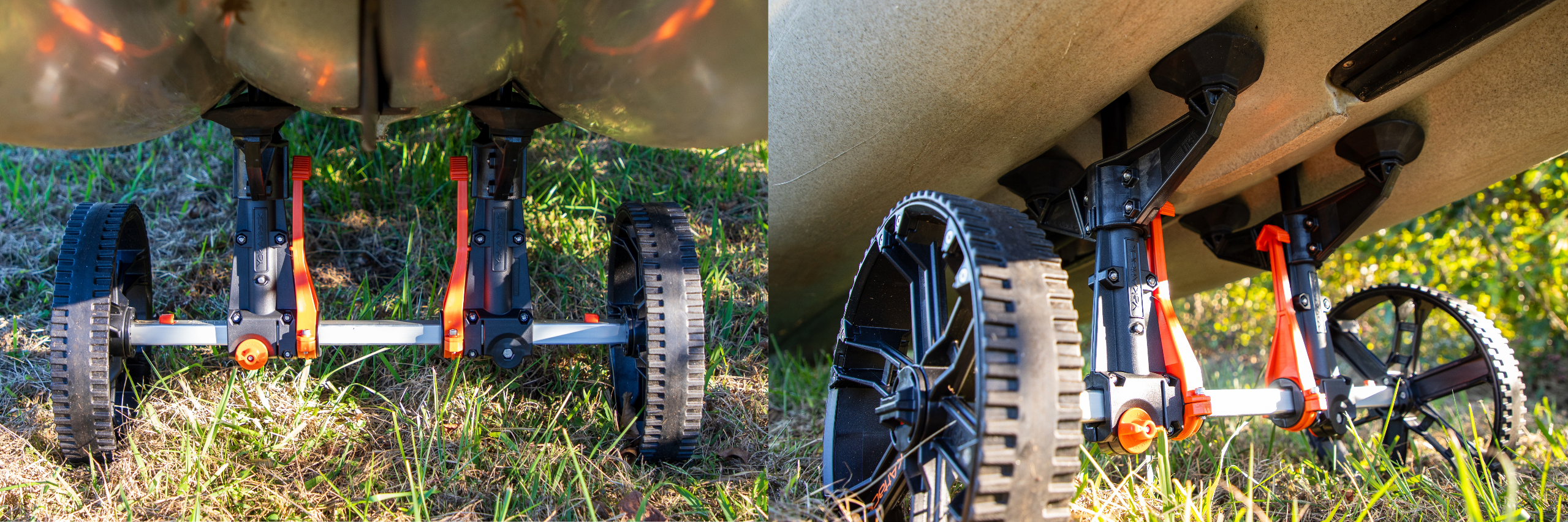 Rubber Bunk supports and pads on the yakattack scupper cart for hobie kayaks