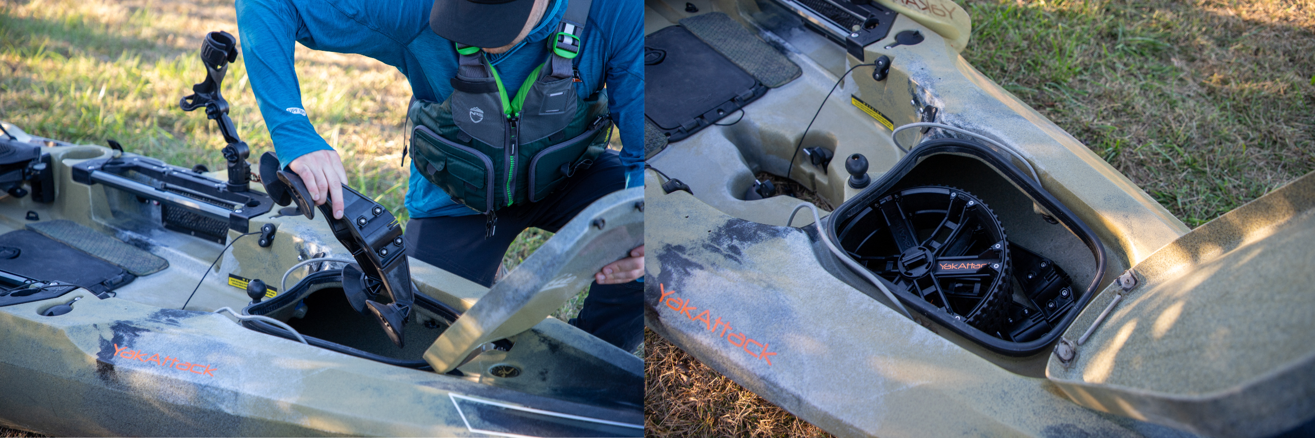 Storing the yakattack scupper kayak cart inside the hull of a hobie outback kayak